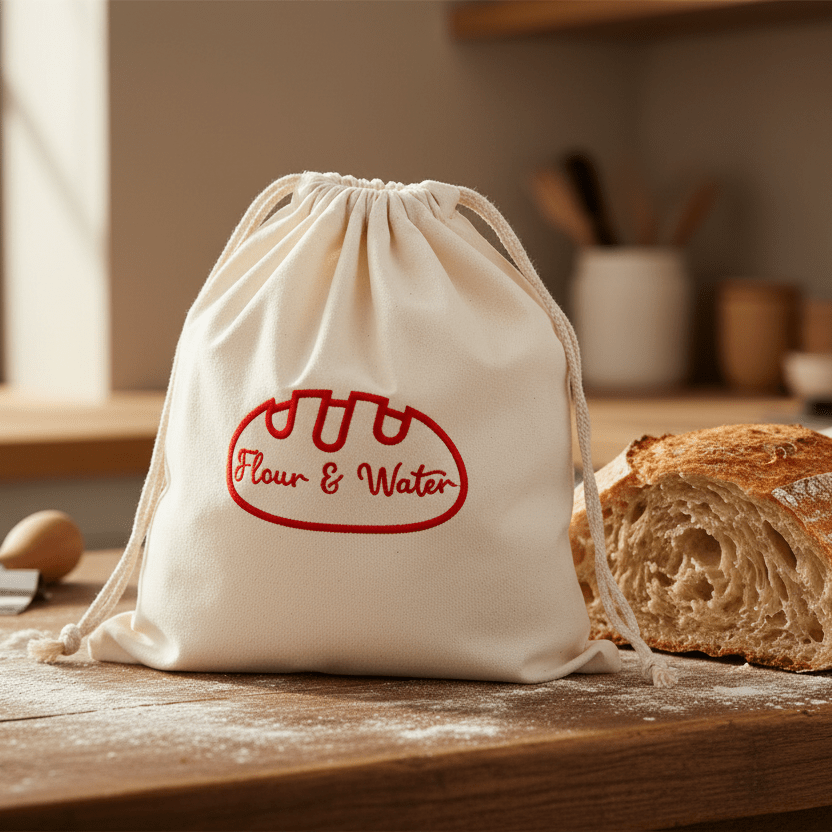 Canvas sourdough bread bag with embroidered logo beside a loaf on a kitchen bench
