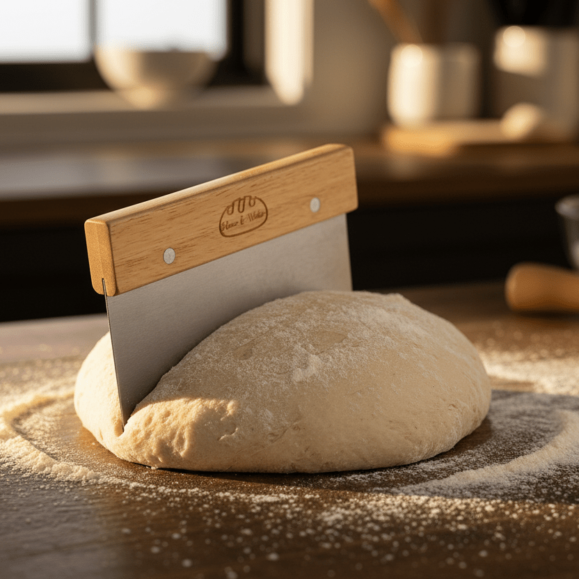 Bench scraper dividing a ball of sourdough dough on a floured bench