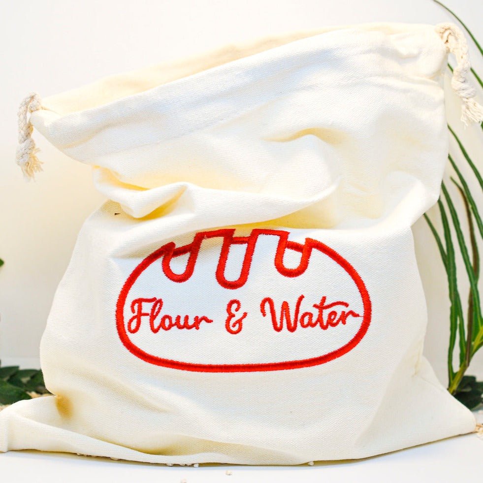 Large canvas bread bag with embroidered Flour & Water logo