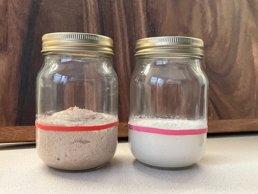 Rye and wheat sourdough starters in glass jars, rubber bands marking the rise line after feeding