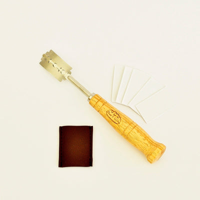 Bread scoring lame with oak handle, leather blade cover and spare razor blades