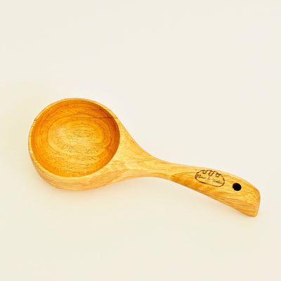 Round bamboo flour measuring scoop with carved logo