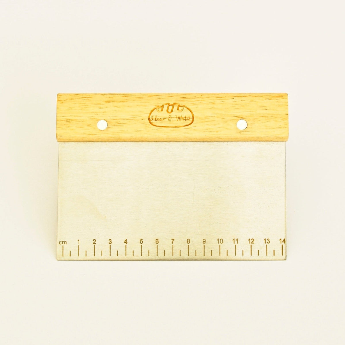 Stainless steel bench scraper with oak handle and ruler markings