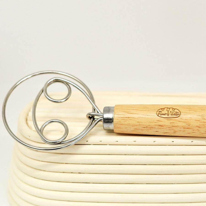 Oak Wood Danish Dough Whisk with Hoops 33cm Long - Flour + Water Baking