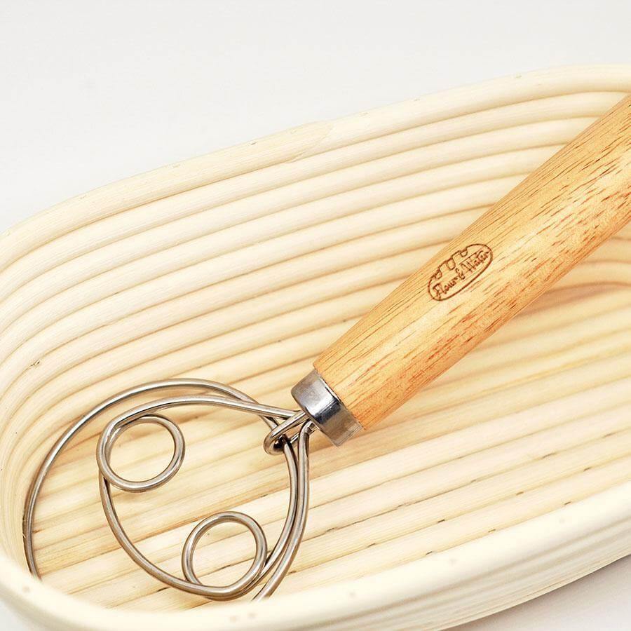 Oak Wood Danish Dough Whisk with Hoops 33cm Long - Flour + Water Baking