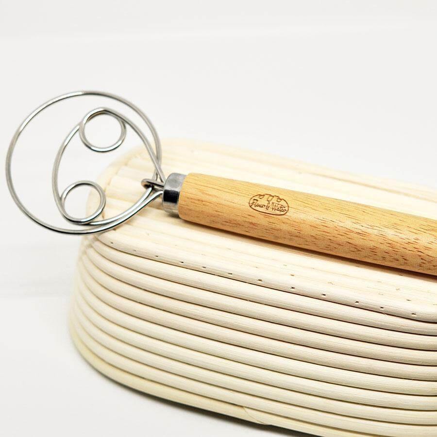 Oak Wood Danish Dough Whisk with Hoops 33cm Long - Flour + Water Baking